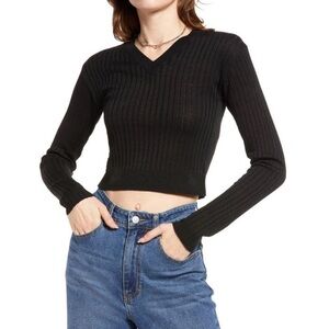 NEW‎ Nordstorm BP Ribbed Crop Sweater Black Size Small V-Neck Knit Made in USA S